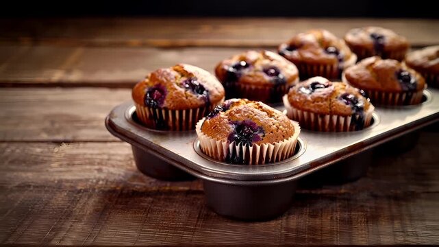 A closeup of freshly baked blueberry muffins in a muffin tin on a rustic wooden surface. The muffins have a goldenbrown crust and are topped with a blueberry filling.
