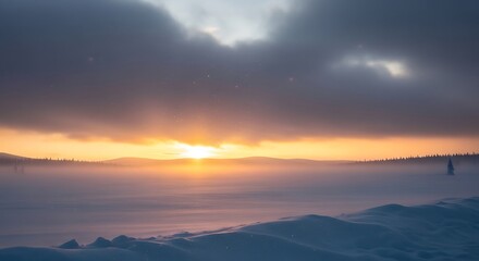 Fototapeta premium Majestic winter sunset over a serene and expansive snowy tundra landscape with light snowfall