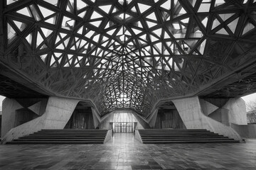 a striking black and white image of a modern architectural marvel with a geometrically complex ceiling and a grand entrance