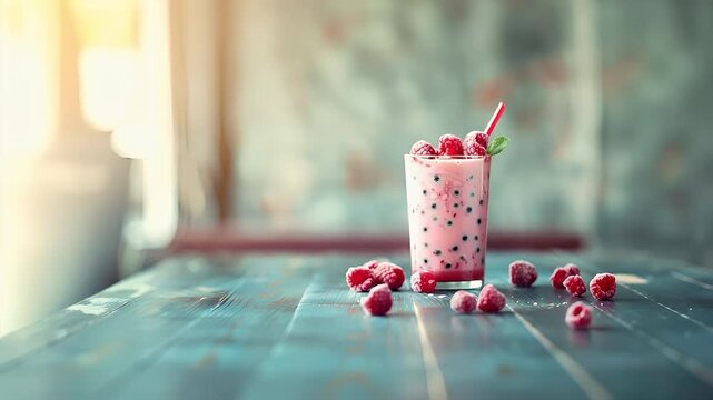 A closeup shot of a glass filled with a pink beverage, possibly a boba or dragon fruit smoothie. The glass is placed on a wooden surface, and the background is blurred.