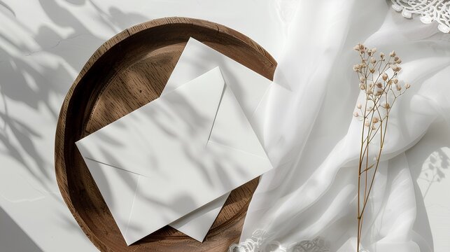 blank white a5 card and envelope on top of an old wooden plate, mockup, flat lay, front view, boho aesthetic, warm beige background with lace details