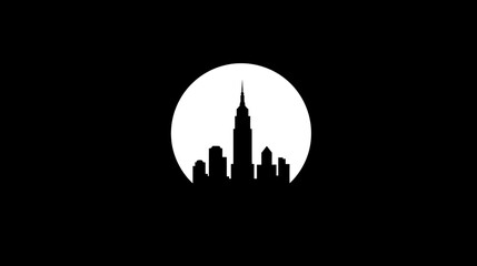 Fototapeta premium Minimalist black and white city skyline silhouette with a prominent skyscraper against a full moon or sun. Urban graphic icon.
