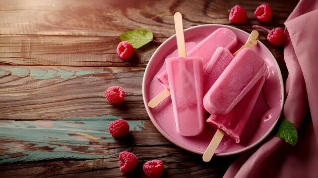 pink popsicles on a pink plate with raspberries and mint leaves.