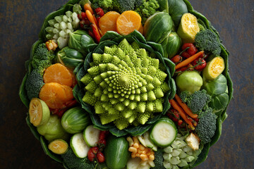 A vibrant circular arrangement of fresh vegetables and citrus slices creating a colorful and healthy display