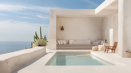 close-up of a minimalist wooden chair in one corner of the terrace, with cacti nearby. a beige sofa against a wall with a small window opening, under a blue sky, creating a calm
