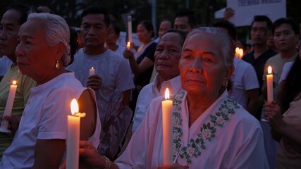 Group of diverse asian people holding lit candles in remembrance, observing a candlelight vigil or protest demonstration during the night, showing unity and solemnity - Powered by Adobe