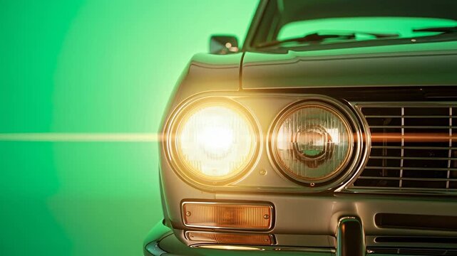 Vintage car headlight turning on sequence with bright beam effect against a green screen for chromakey compositing
