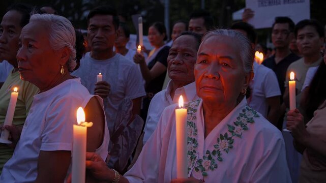 Group of diverse asian people holding lit candles in remembrance, observing a candlelight vigil or protest demonstration during the night, showing unity and solemnity
