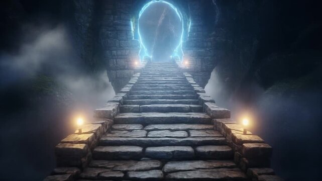 A floating enchanted bridge made of stone, with the camera tracking its journey at a low angle.