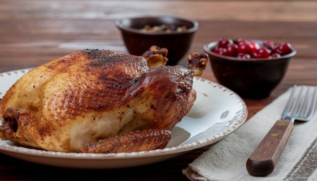 Festive roast chicken dinner with cranberry sauce and spices for holiday celebrations, showcasing culinary traditions and delicious home cooking
