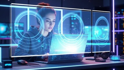 Focused woman programmer working with advanced AI interface on laptop in futuristic tech office - Powered by Adobe