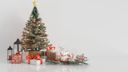 Christmas Tree with Gifts and Holiday Decorations on White Background