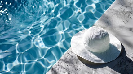white sun hat resting on the edge of an outdoor pool, casting shadows and adding to its luxurious summer vibe.