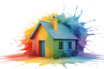 Vibrant rainbow house with dynamic paint splash on black