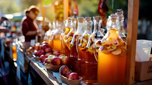 A closeup of a fruit stand with a variety of fruits and beverages on display. The fruits include apples, oranges, and pears, and there are several bottles filled with different colored liquids.