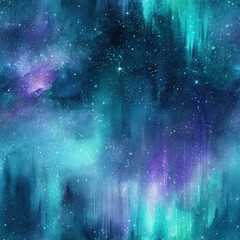 Abstract swirling nebula with vibrant purple and teal aurora borealis lights