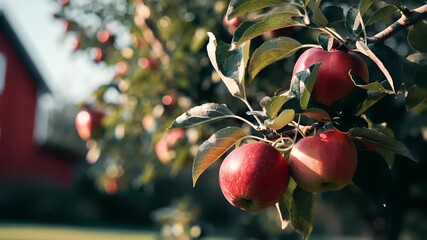 A closeup shot of a red apple tree with ripe apples hanging from its branches. The background is a clear sky with a few clouds, and the sun casts a warm. - Powered by Adobe