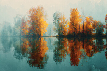 Autumn trees with vibrant orange and yellow foliage reflect in tranquil blue water on a foggy day
