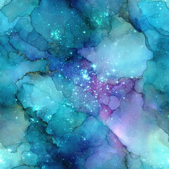 Abstract swirling cosmic nebula with vibrant blue and purple hues and shimmering starlight © Md
