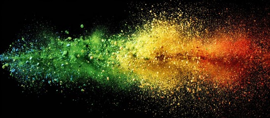 Colorful explosion of powder particles on black background.