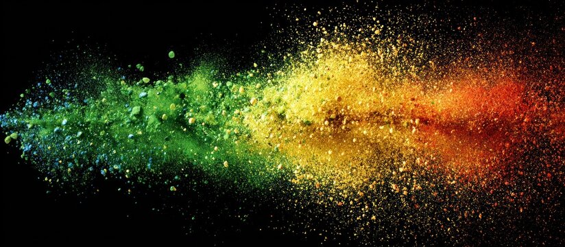 Colorful explosion of powder particles on black background.