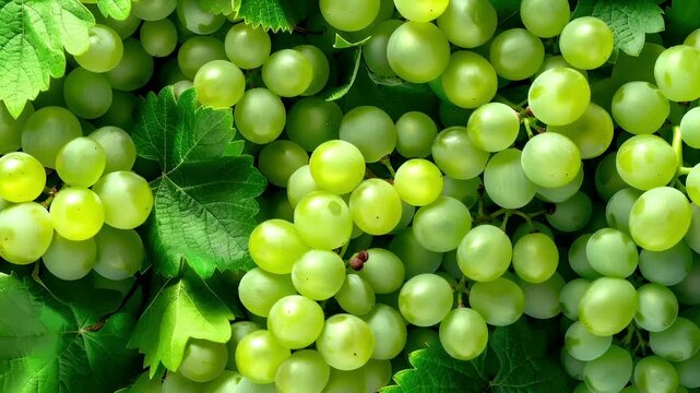 A closeup of green grapes with leaves, showcasing their vibrant green hue and intricate details.