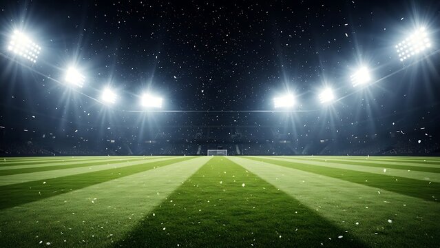 Dramatic view of a professional sports stadium with illuminated green turf under a dark starry sky