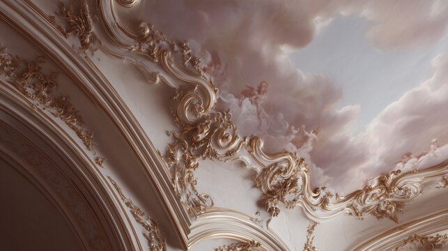 luxurious baroque ceiling with gilded ornaments and soft pastel mythological fresco - Powered by Adobe