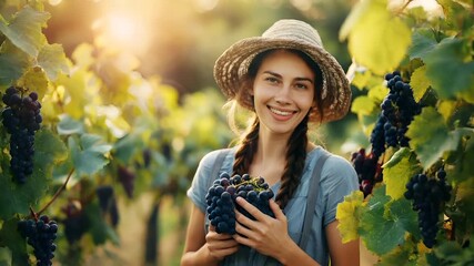 A woman in a straw hat and blue shirt holds a bunch of grapes in a vineyard setting.