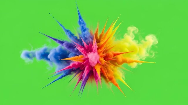 Colorful powder explosion on green screen. Dynamic Holi festival effect for chromakey footage. Abstract powder puff motion.