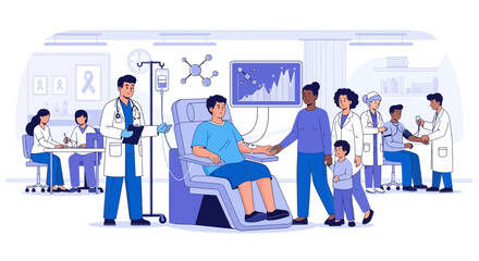 Illustration showcasing blood donation process with medical professionals and patients