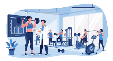 Gym Supervision: Doctor Guiding Woman's Weightlifting with Performance Analytics Displayed
