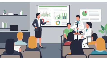 Medical professionals attending presentation on health analytics and patient care