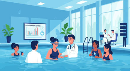 Aquatic therapy session with medical supervision assisting patient recovery progress