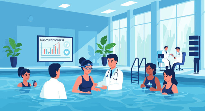 Aquatic therapy session with medical supervision assisting patient recovery progress