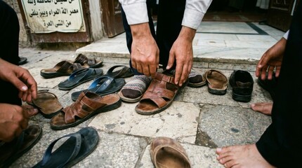 Authentic Reality Putting on Sandals at Mosque Entrance