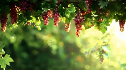 A closeup of a bunch of grapes hanging from a vine, with sunlight filtering through the leaves. The grapes are in various stages of ripeness, with a variety of colors including red, purple.