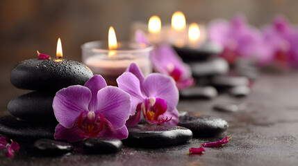 Spa still life with black stones candles and orchids creating a zen and peaceful atmosphere