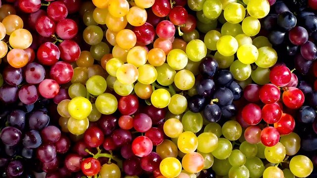 A closeup view of a vibrant assortment of grapes, each with its own distinct color and texture. The grapes are arranged in a way that suggests they are ripe and ready to be picked.