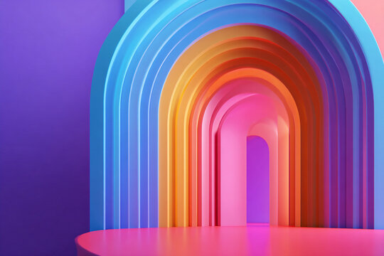 A colorful abstract architectural design featuring nested arches in a spectrum of vibrant hues from purple to pink with a bright reflective floor