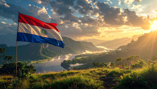 Paraguayan flag flying over lush green landscape and river