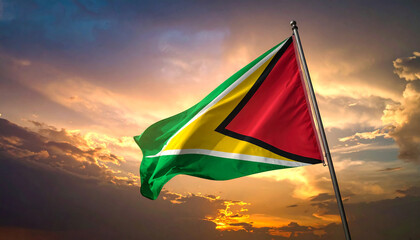 Guyana flag waving against bright sky with clouds