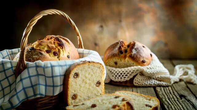 A rustic wooden table holds a woven basket filled with freshly baked bread. The bread, with its goldenbrown crust and raisins, sits atop a checkered cloth. The scene is bathed in a warm.