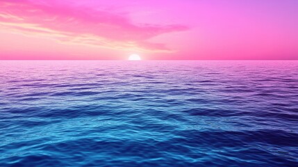 Beautiful serene ocean sunset landscape with vibrant pink and purple sky reflecting on calm water surface creating a peaceful atmosphere in nature