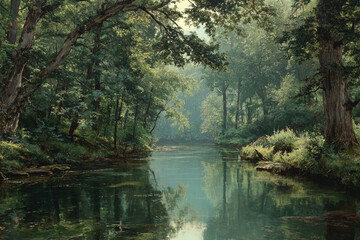 A serene forest scene featuring a tranquil river reflecting the lush green trees and branches overhead with sunlight filtering through the canopy creating a peaceful ambiance