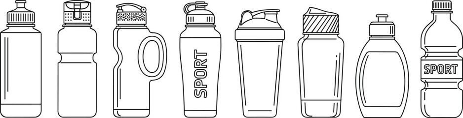 Line Art Sport and Water Bottle Vector Icon Set, Isolated Outline Drawing of Fitness Shaker and Hydration Containers, Gym Accessory and Active Lifestyle Equipment
