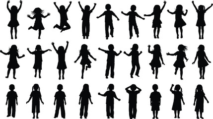 Black Silhouette Children Playing and Posing Vector Set, Isolated Happy Kids, Boys and Girls, in Dynamic and Active Positions, Childhood Joy and Fun Graphics Collection