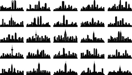 Fototapeta premium Black Silhouette City Skylines Vector Illustration Set, Isolated Urban Downtown Megapolis Landscape View, Modern Architecture Landmark Icons Collection of World's Major Cities