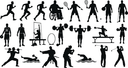 Black Silhouette Sport and Athlete Vector Icon Set, Isolated People Playing Tennis, Running, Swimming, Weightlifting, Golf, and Disabled Sports Graphics Collection