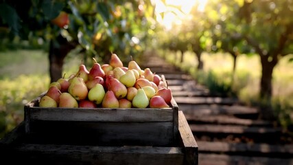A closeup of a wooden crate filled with ripe pears on a wooden surface. The pears are a mix of red and green hues.